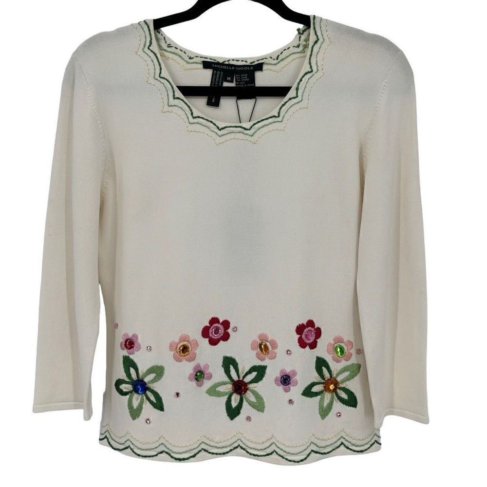 Michelle Nicole Floral Embroidered 3/4 Sleeve Sweater Ivory Medium NWT‎
